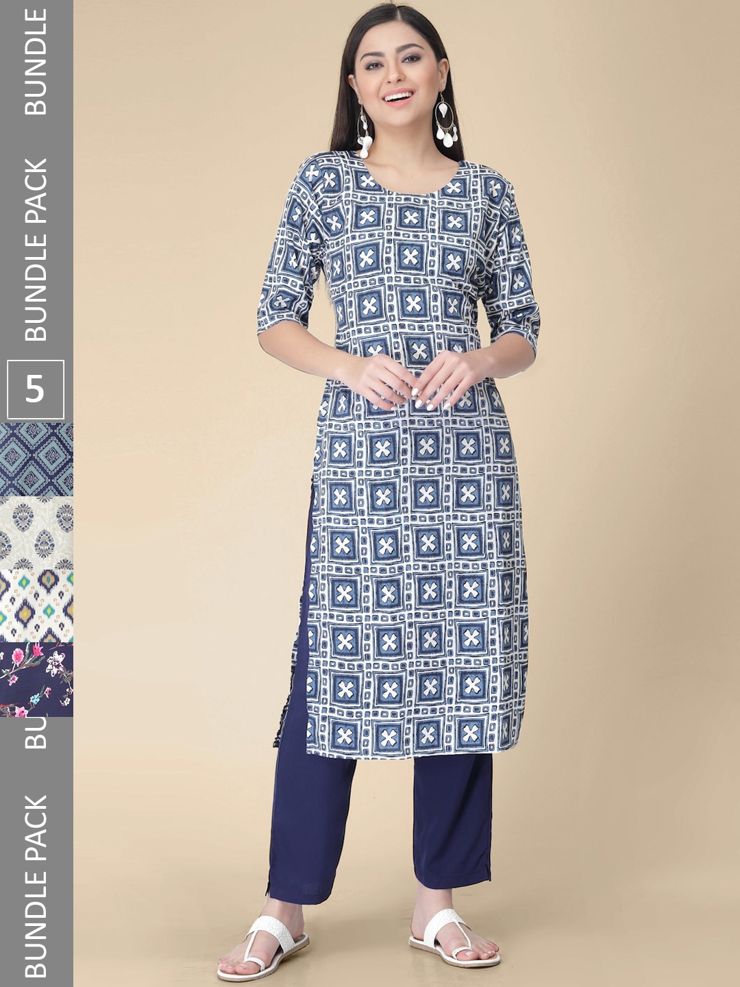 

7Threads Pack of 5 Ethnic Motif Printed Straight Kurta, Navy blue