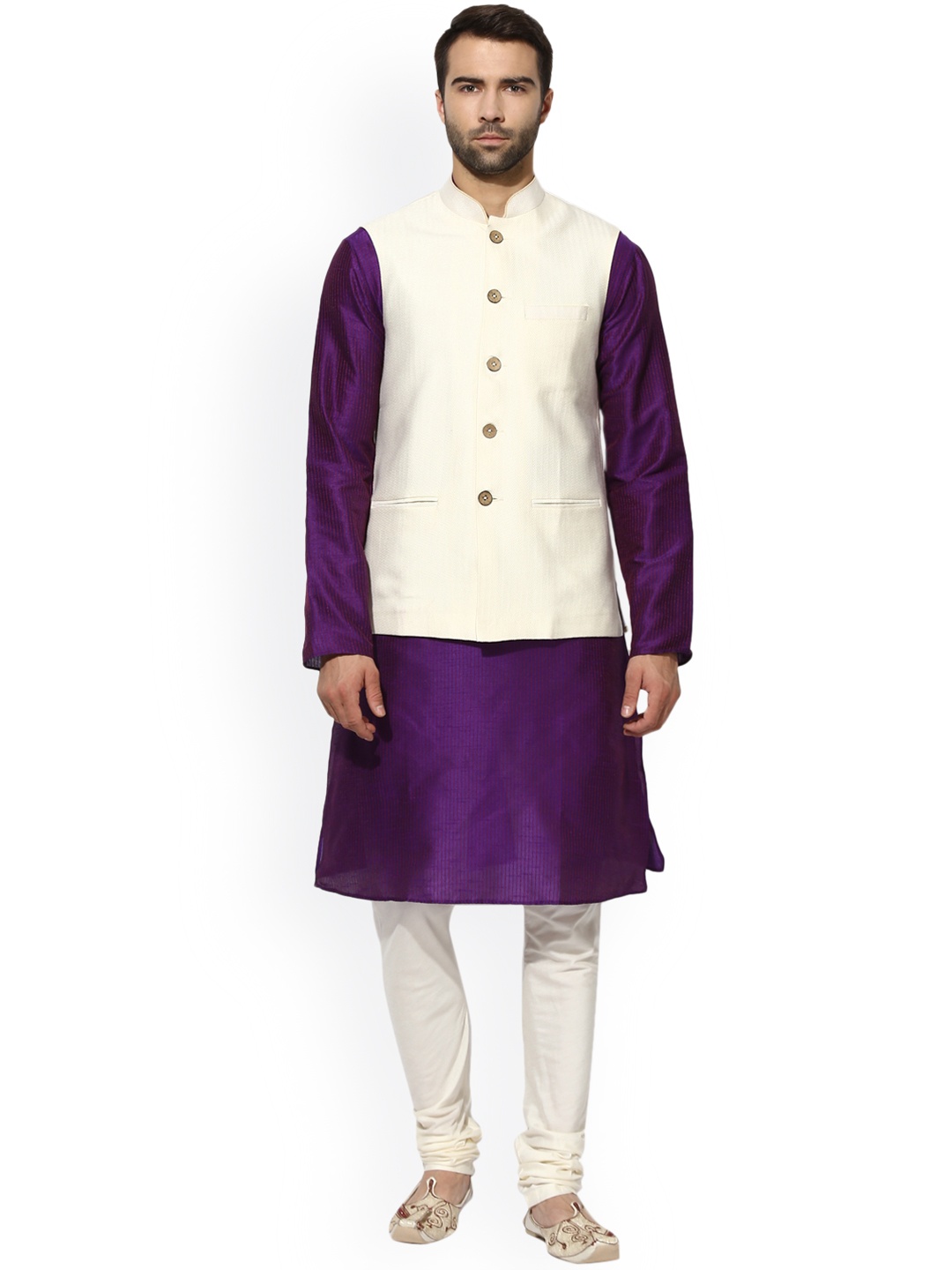 

KISAH Men Purple & Off-White Self Design Kurta with Churidar & Nehru Jacket