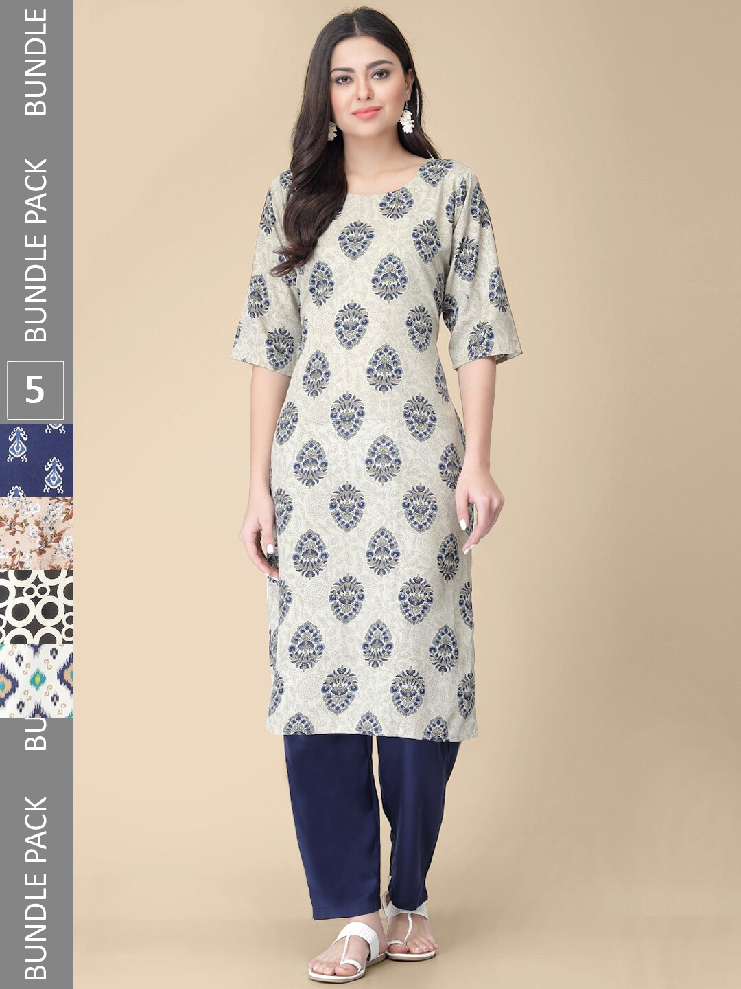 

7Threads Selection Of 5 Ethnic Motif Printed Straight Kurta, Beige