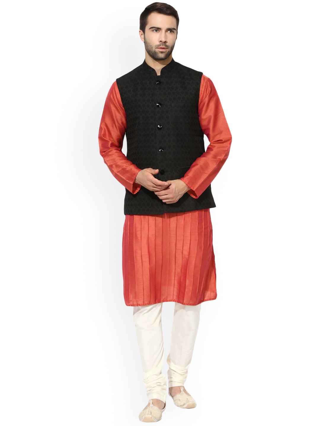 

KISAH Men Coral & Black Self Design Kurta with Churidar & Nehru Jacket