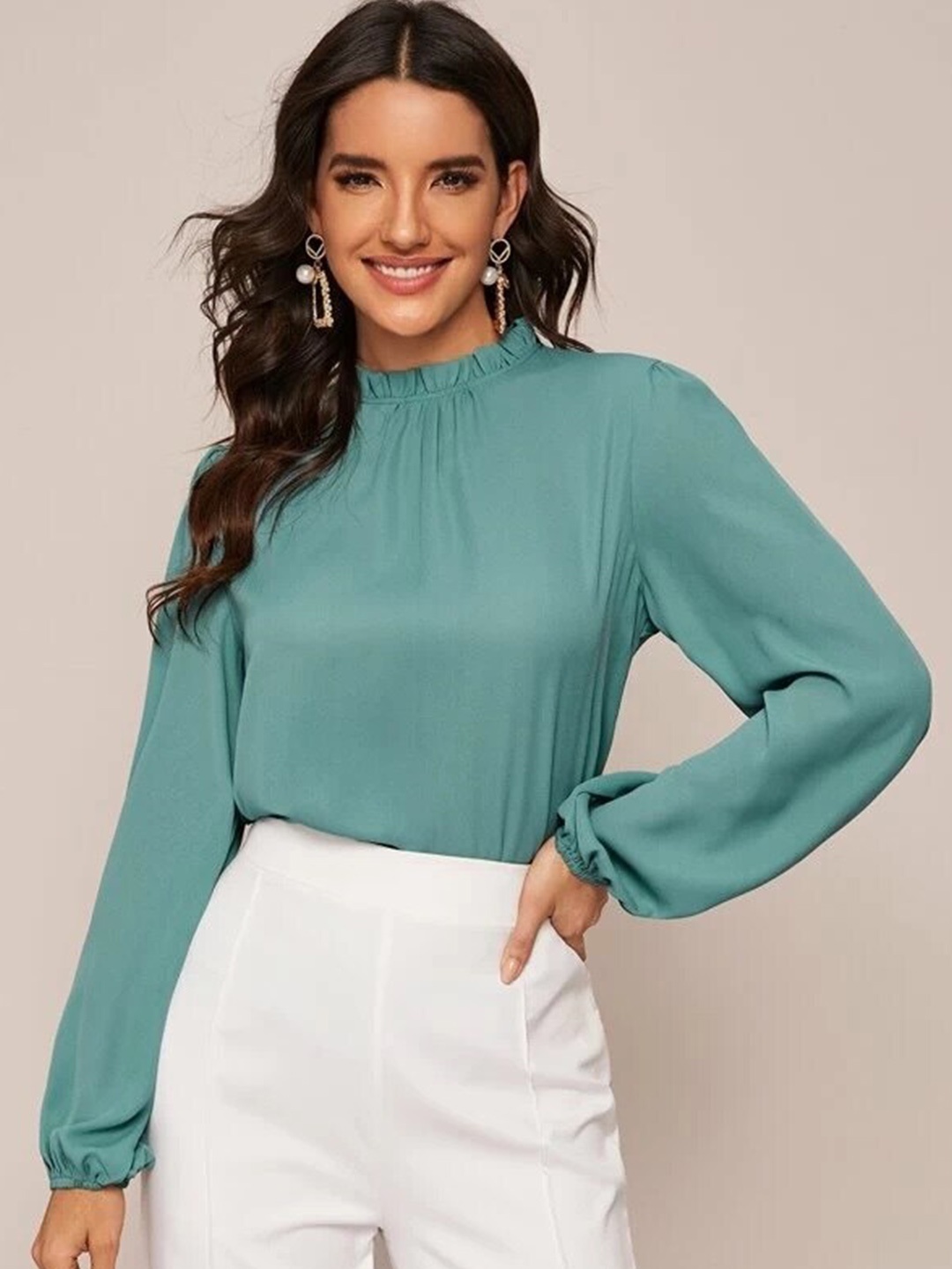 

FNOCKS High Neck Puff Sleeves Cotton Regular Top, Blue