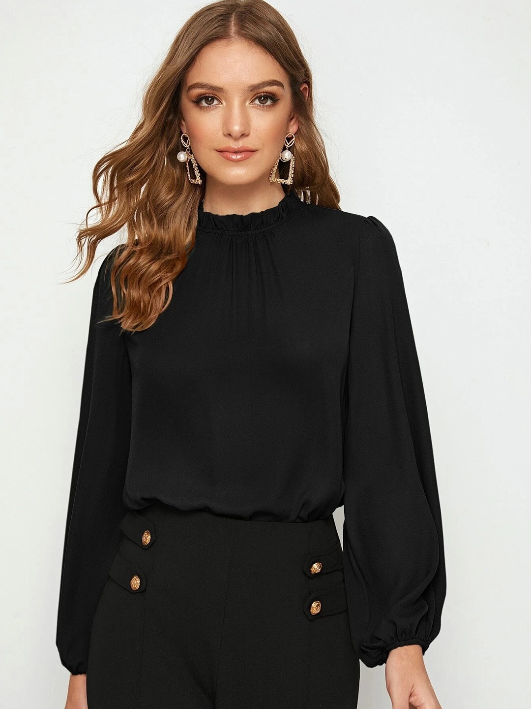 

FNOCKS High Neck Puff Sleeves Cotton Regular Top, Black