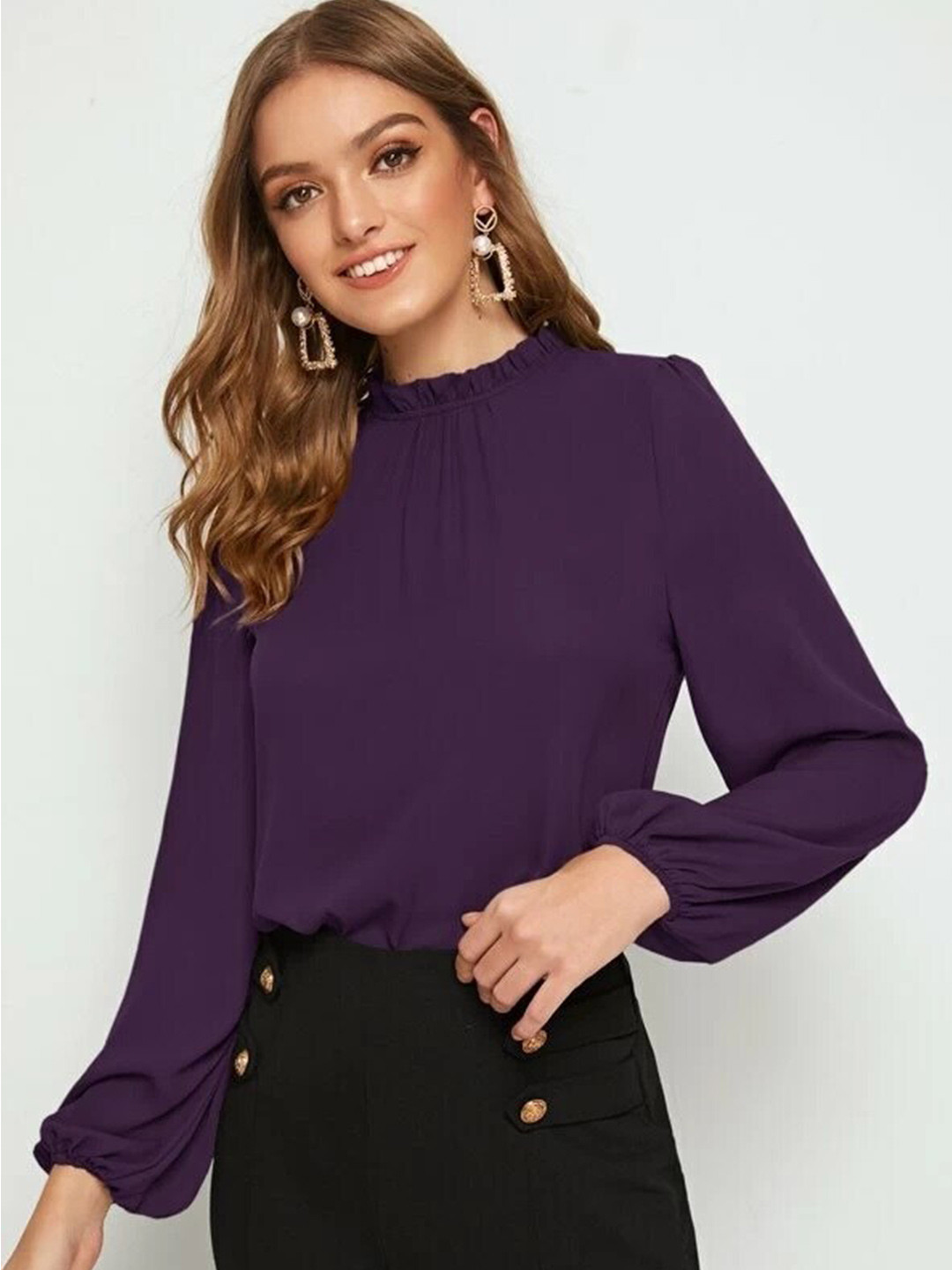 

FNOCKS High Neck Puff Sleeves Cotton Regular Top, Purple