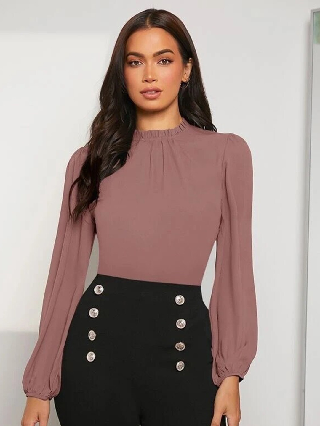 

FNOCKS High Neck Puff Sleeves Cotton Regular Top, Mauve