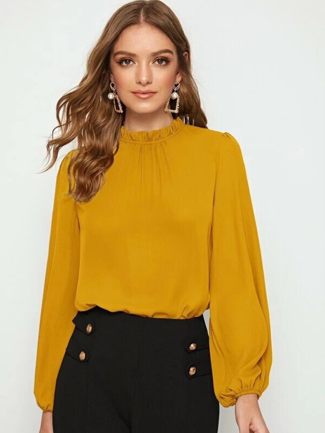 

FNOCKS High Neck Puff Sleeves Cotton Regular Top, Mustard