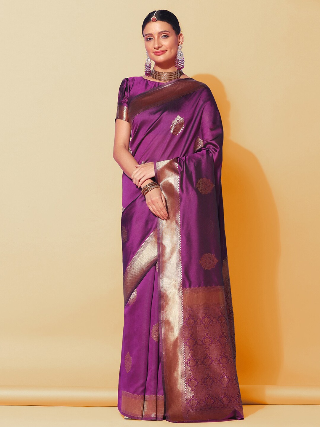 

SIRIL Ethnic Motifs Woven Design Zari Banarasi Saree, Purple