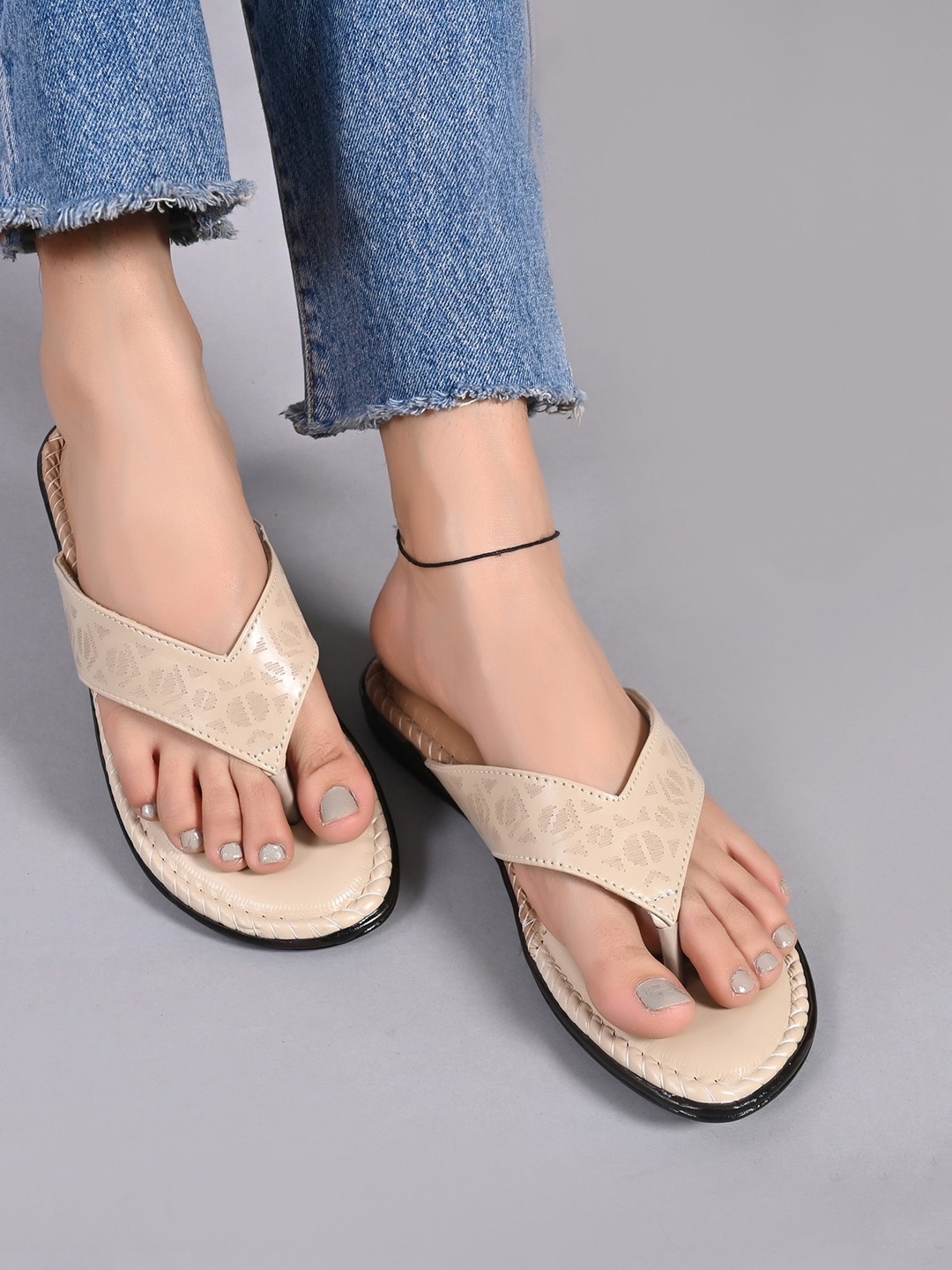 

Myra Women Printed Open Toe Flats, Cream