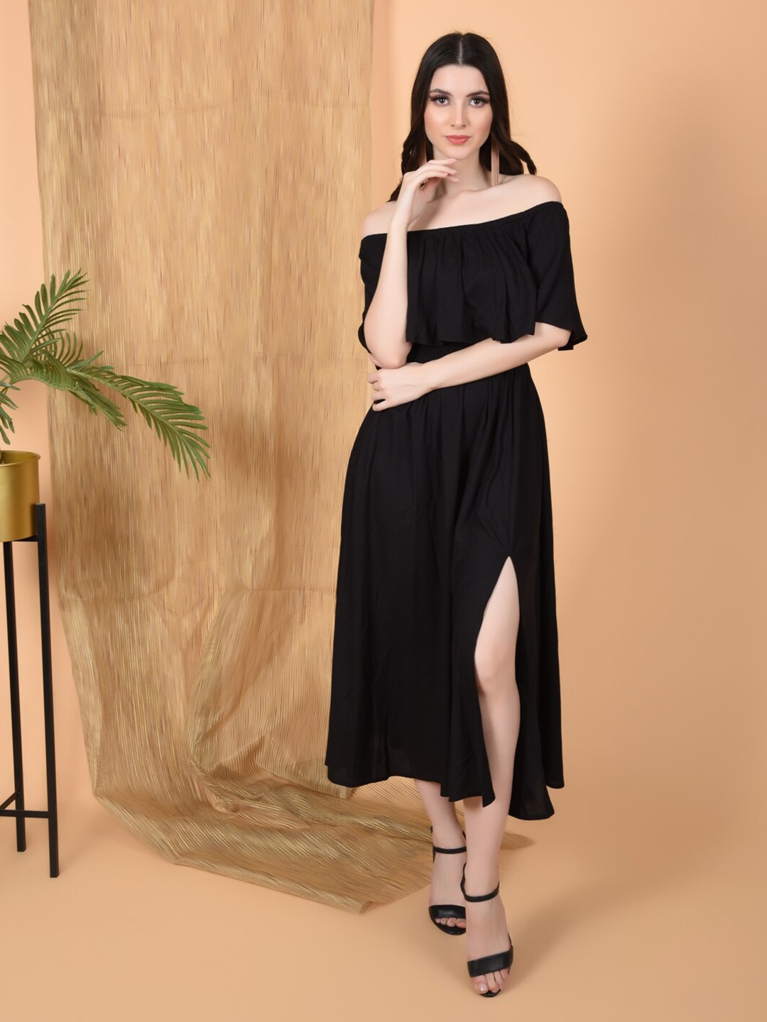 

FLAWLESS Off-Shoulder Flutter Sleeve A-Line Midi Dress, Black