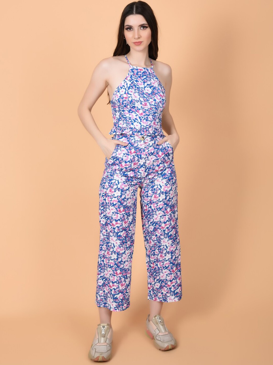 

FLAWLESS Women Floral Printed Halter Neck Top & Trousers Co-Ords, Blue