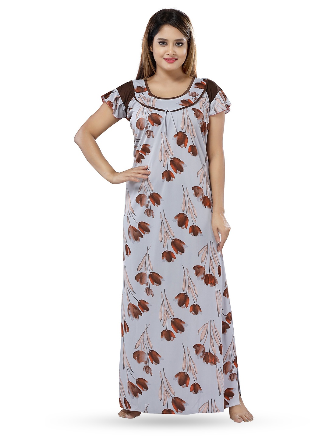 

SHOPPING STATION Floral Printed Satin Maxi Nightdress, Grey