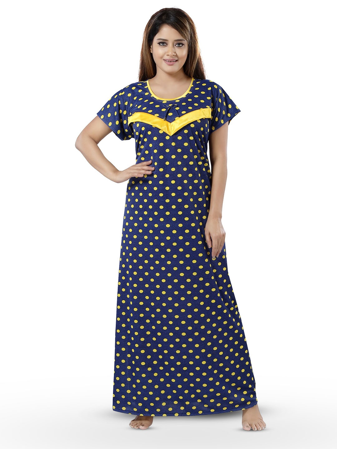 

SHOPPING STATION Polka Dots Printed Satin Maternity Maxi Nightdress, Yellow