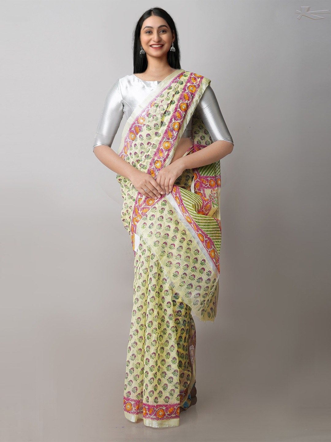 

Unnati Silks Floral Printed Zari Pure Cotton Handloom Kota Saree, Green