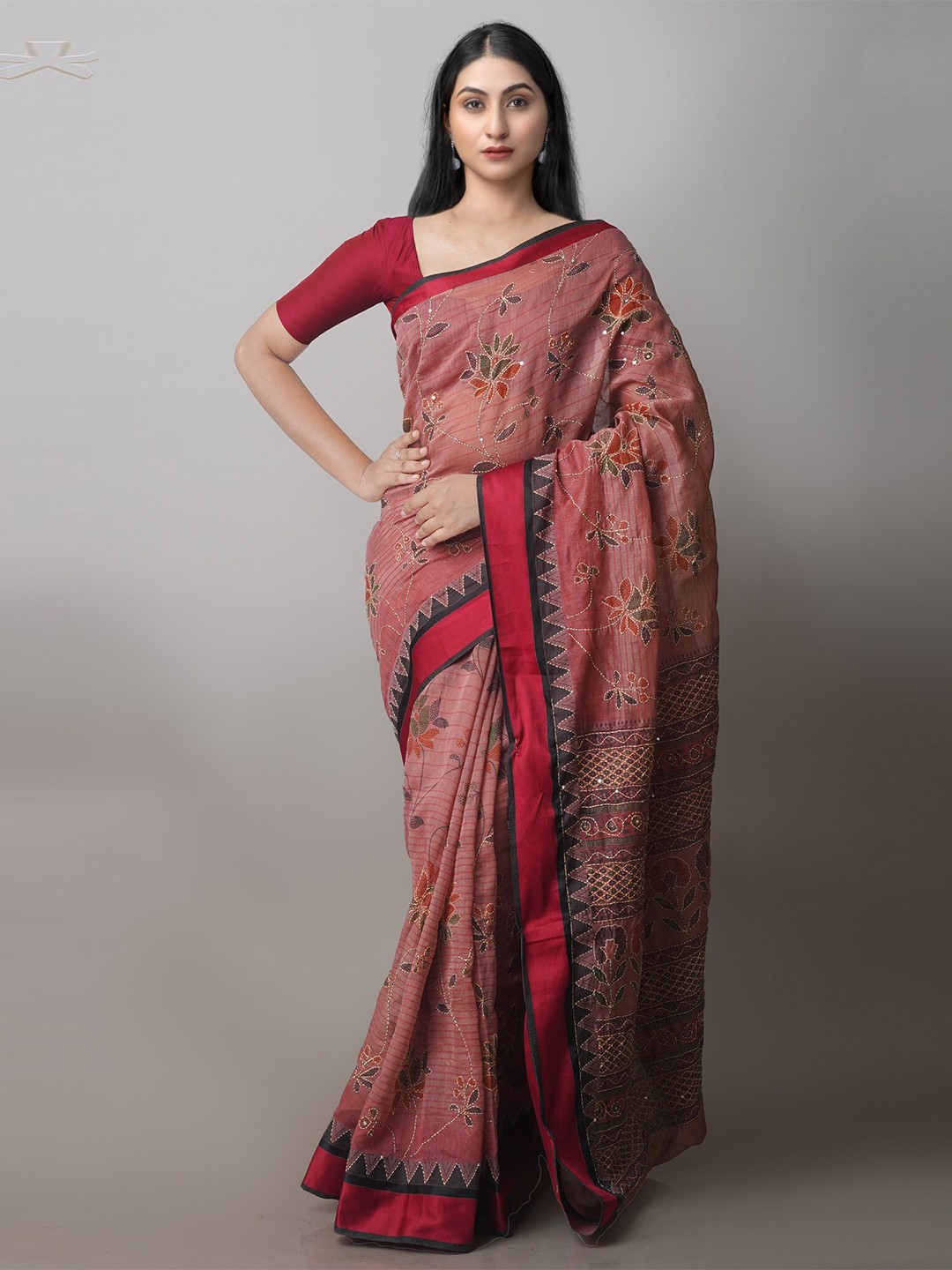 

Unnati Silks Floral Printed Embroidred Silk Cotton Chanderi Saree, Brown