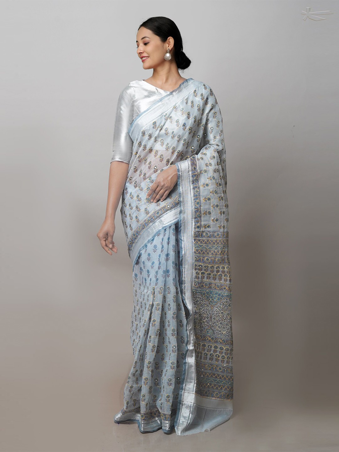 

Unnati Silks Floral Printed Sequin Zari Silk Cotton Kota Saree, Grey