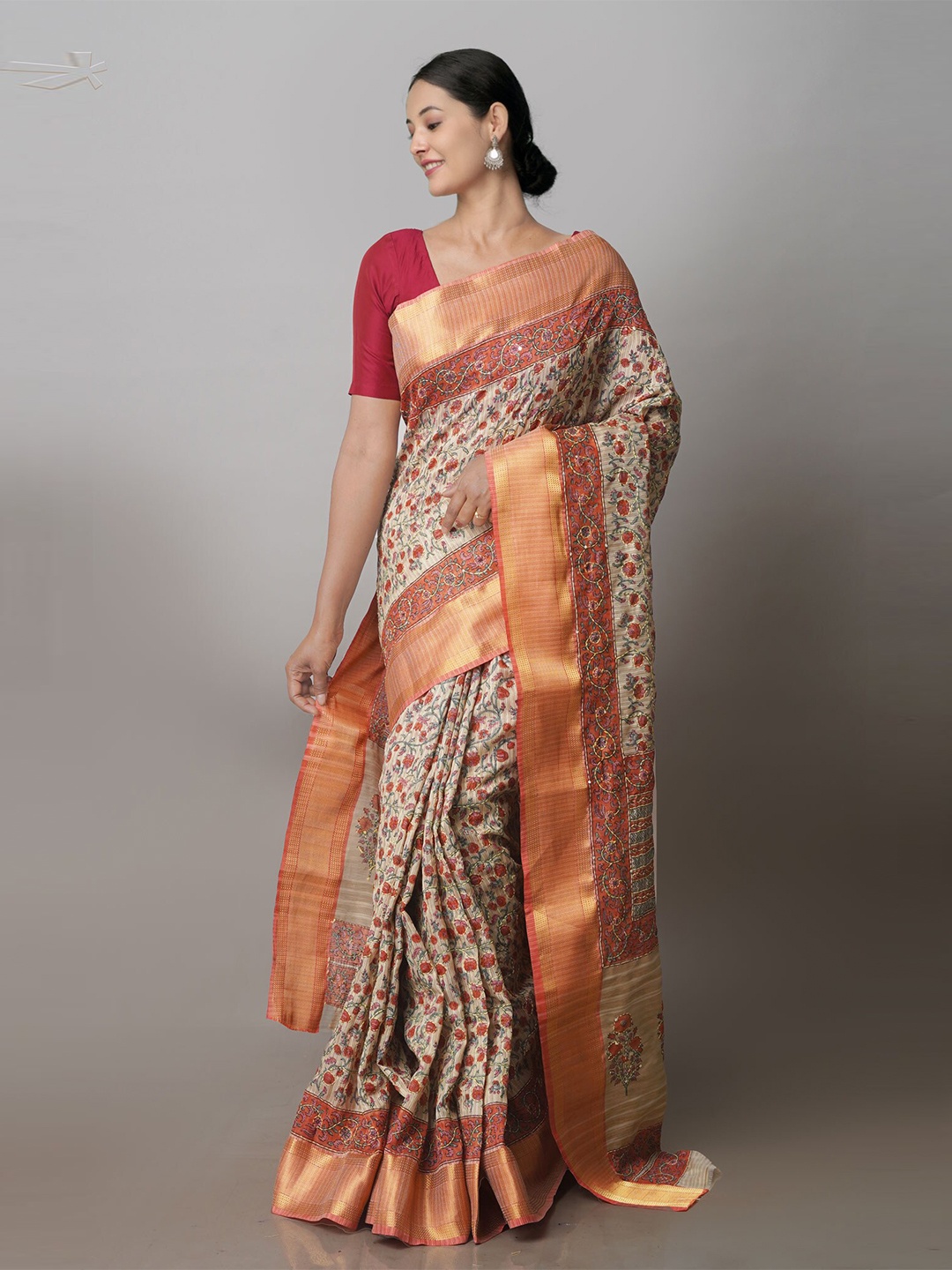 

Unnati Silks Floral Printed Embroidred Tussar Saree, Beige