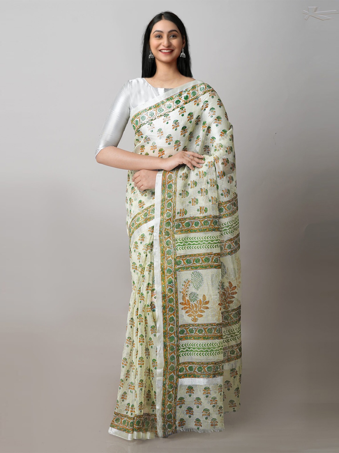 

Unnati Silks Floral Printed Zari Pure Cotton Handloom Kota Saree, Green