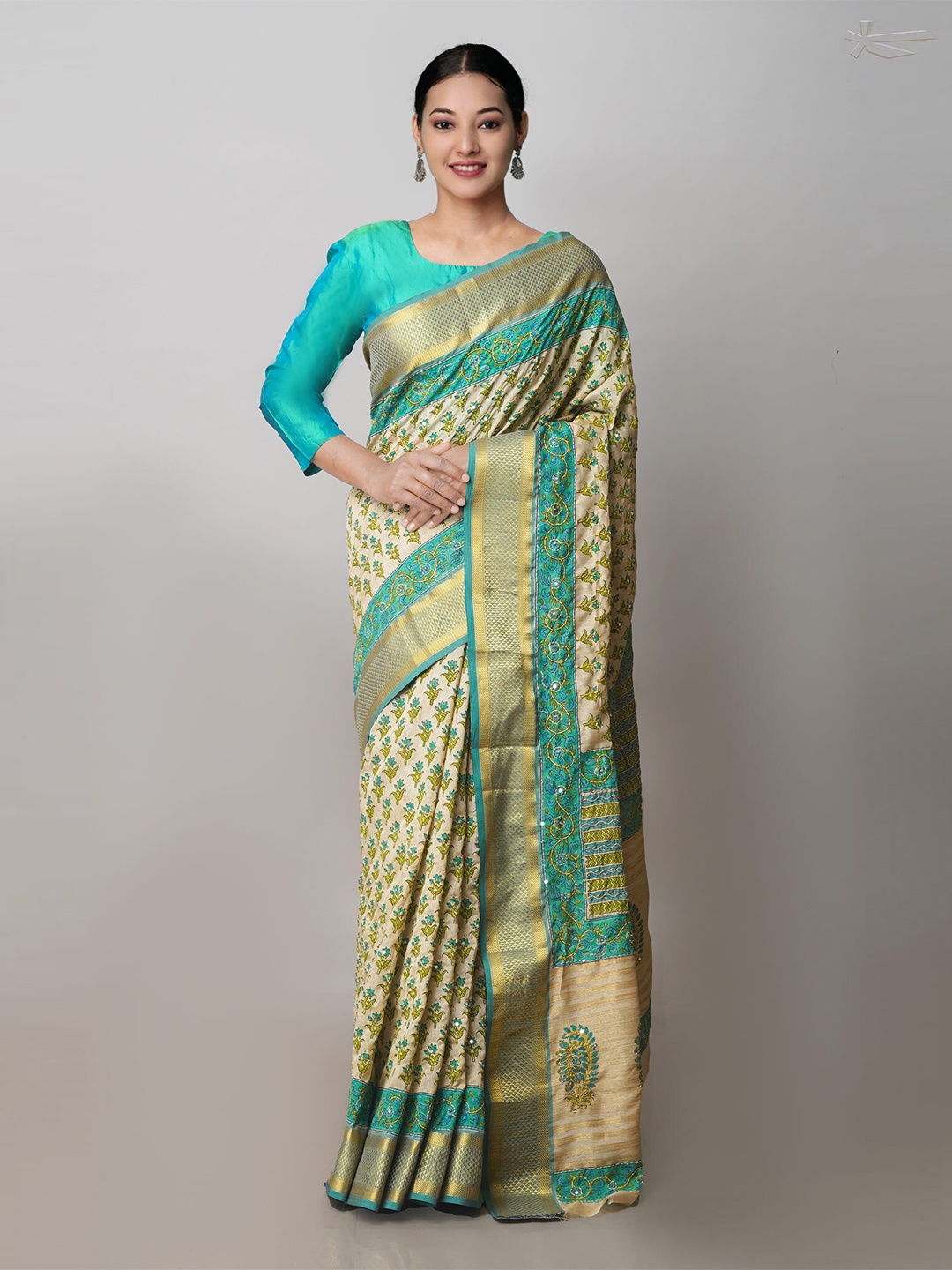 

Unnati Silks Floral Printed Kantha Work Tussar Saree, Cream