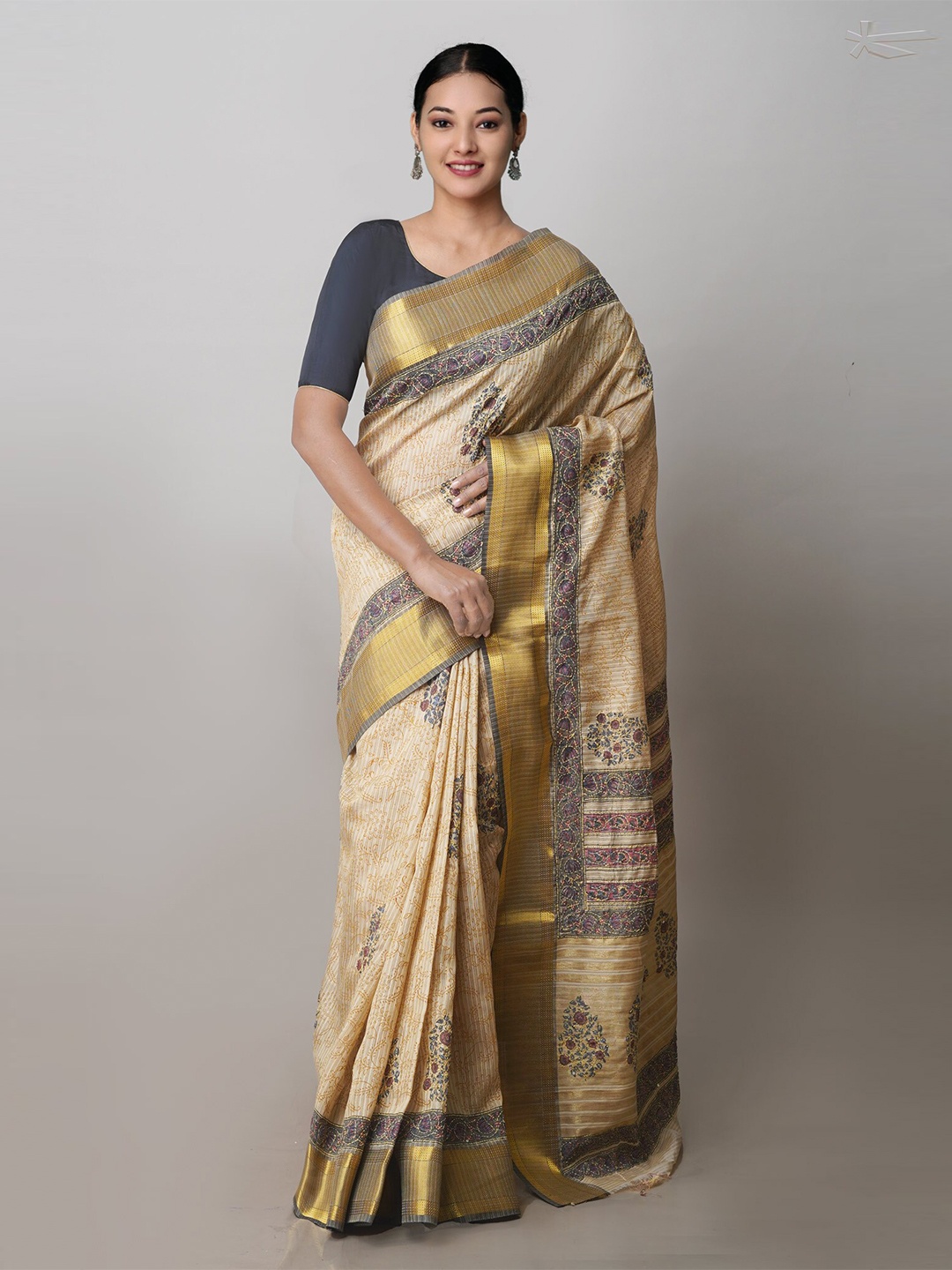 

Unnati Silks Floral Printed Embroidred Tussar Saree, Beige
