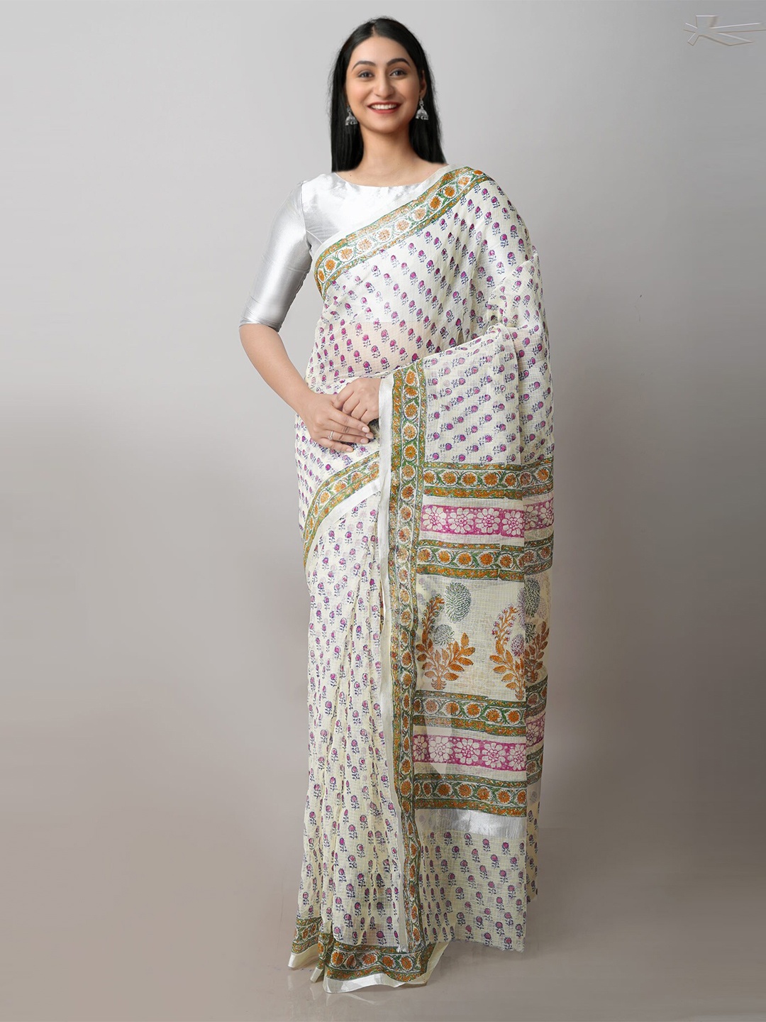 

Unnati Silks Floral Printed Zari Pure Cotton Handloom Kota Saree, Cream