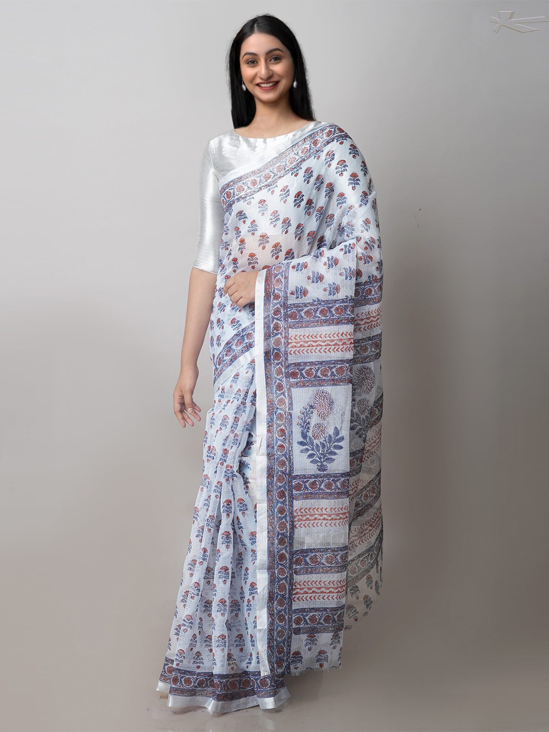 

Unnati Silks Floral Printed Zari Pure Cotton Handloom Kota Saree, Grey