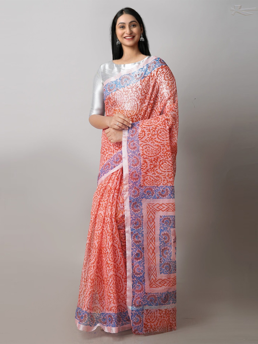

Unnati Silks Paisley Printed Zari Pure Cotton Handloom Kota Saree, Peach