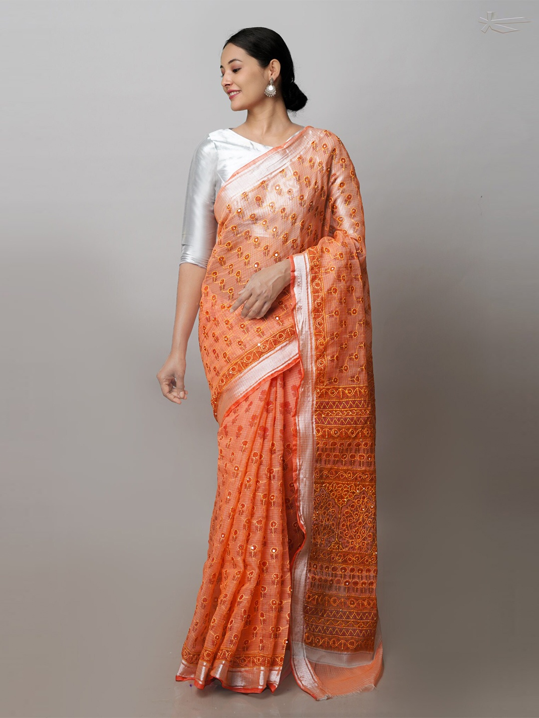 

Unnati Silks Floral Printed Embroidered Silk Cotton Kota Saree, Orange