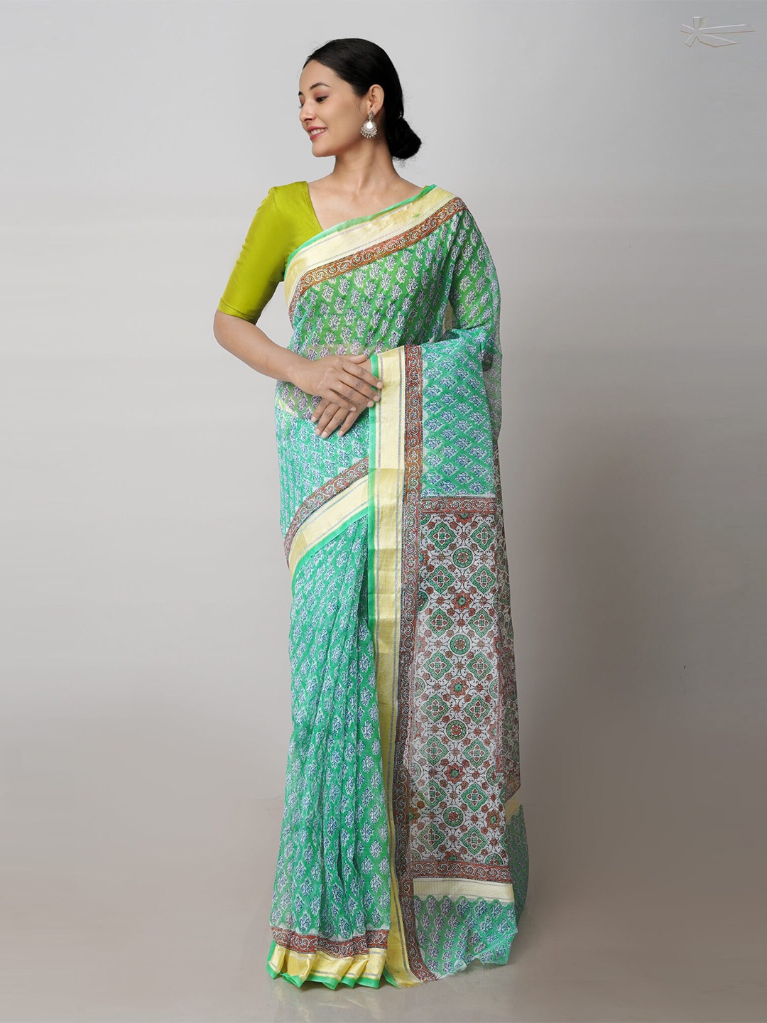 

Unnati Silks Floral Printed Zari Pure Cotton Handloom Kota Saree, Sea green