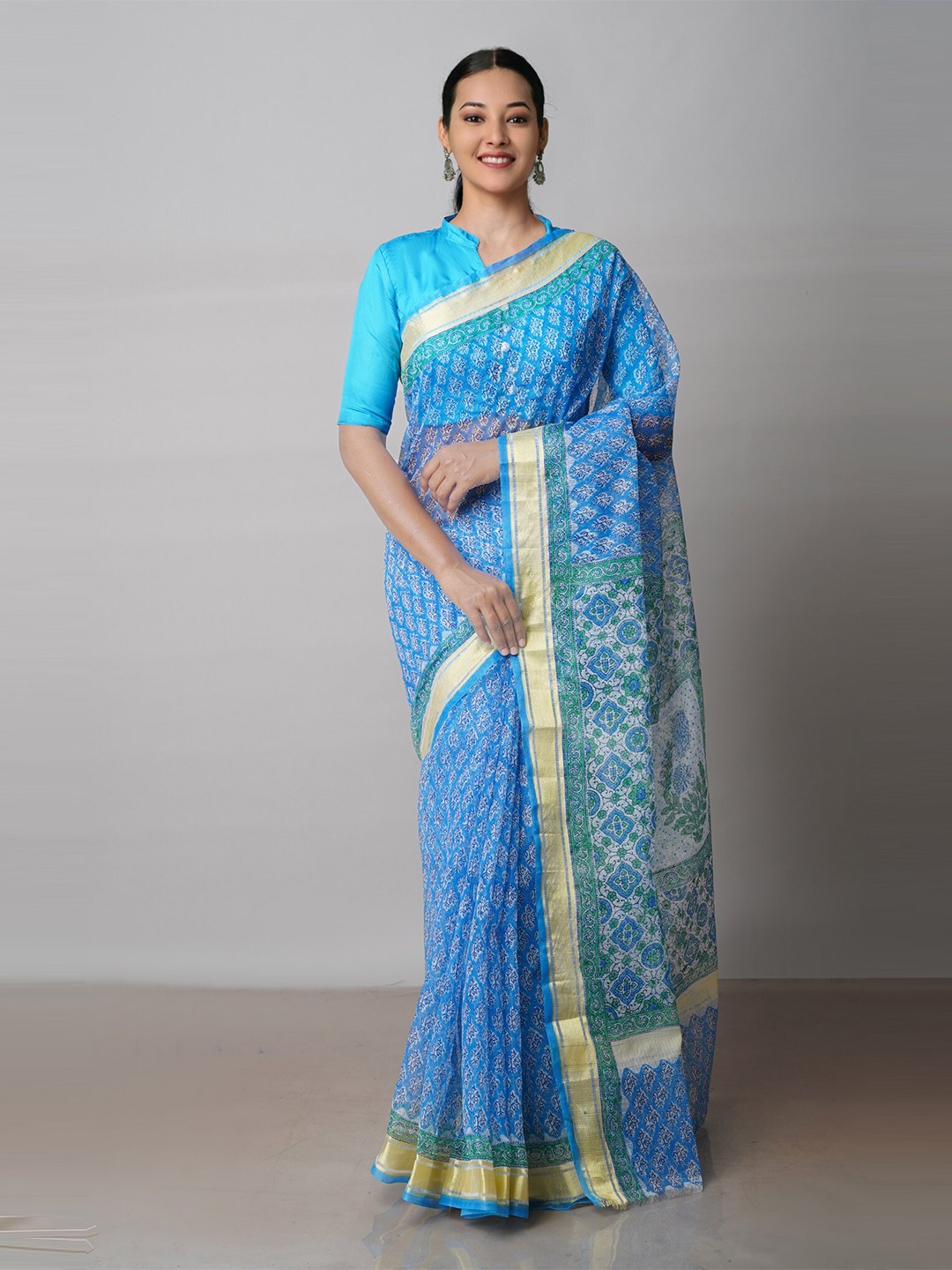 

Unnati Silks Ethnic Motifs Printed Pure Cotton Handloom Kota Saree, Blue