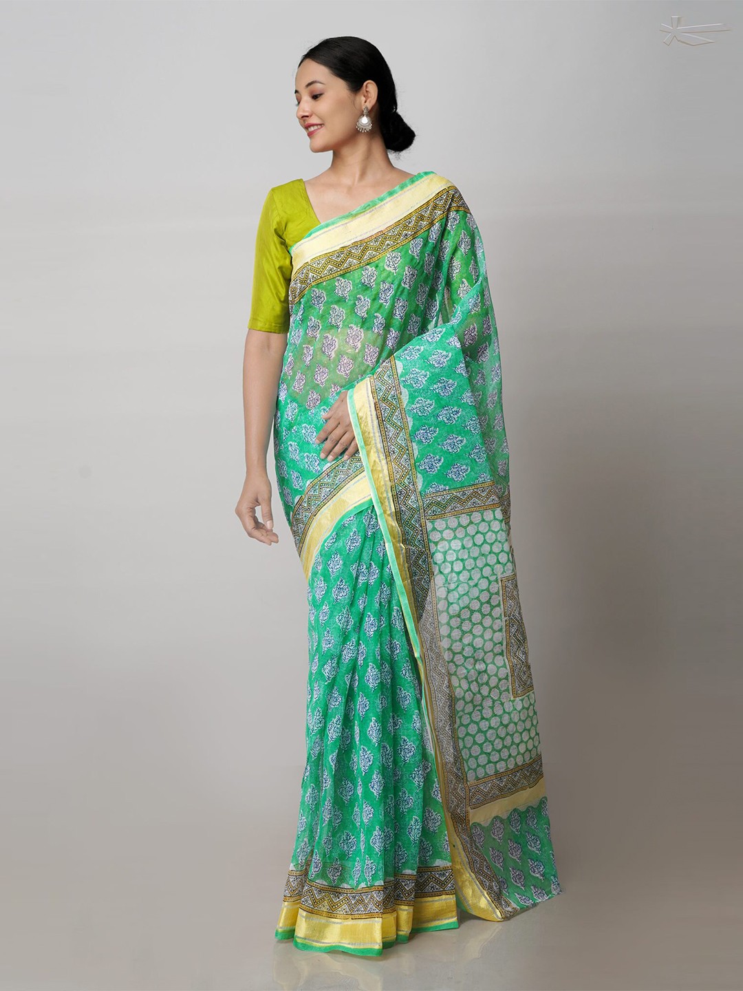 

Unnati Silks Floral Printed Zari Pure Cotton Handloom Kota Saree, Sea green