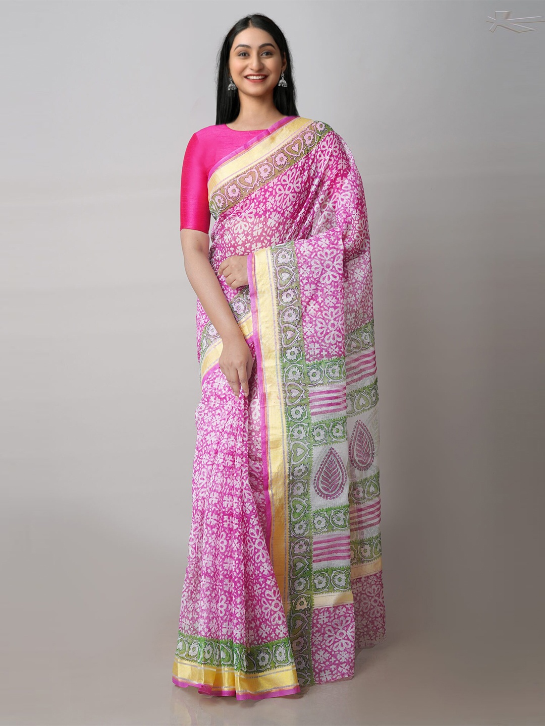 

Unnati Silks Floral Printed Zari Pure Cotton Handloom Kota Saree, Pink