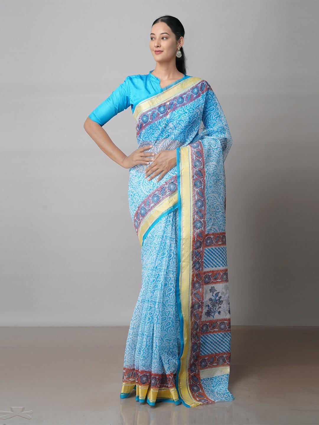 

Unnati Silks Paisley Printed Zari Pure Cotton Handloom Kota Saree, Blue