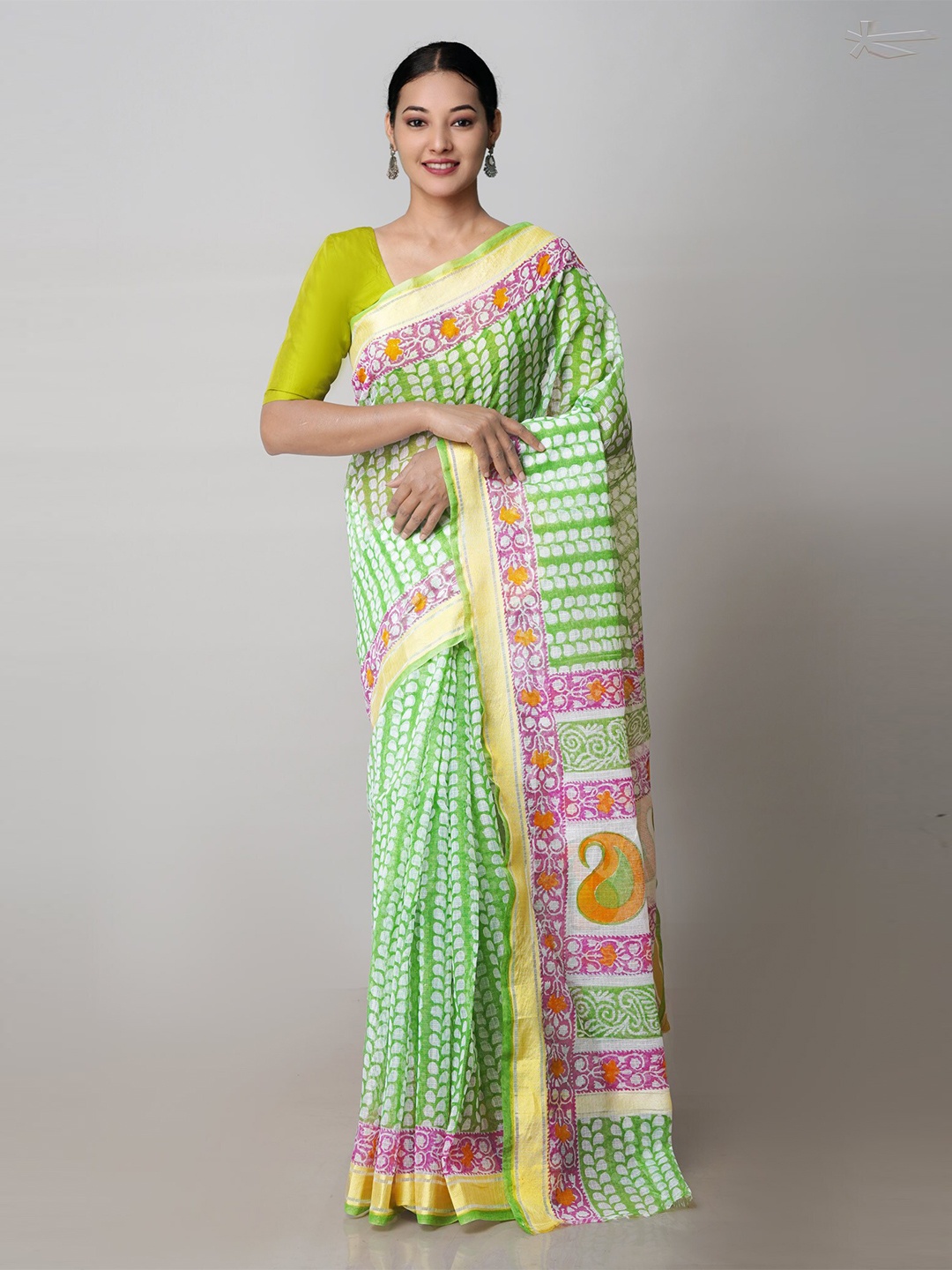 

Unnati Silks Ethnic Motifs Printed Zari Pure Cotton Handloom Kota Saree, Green
