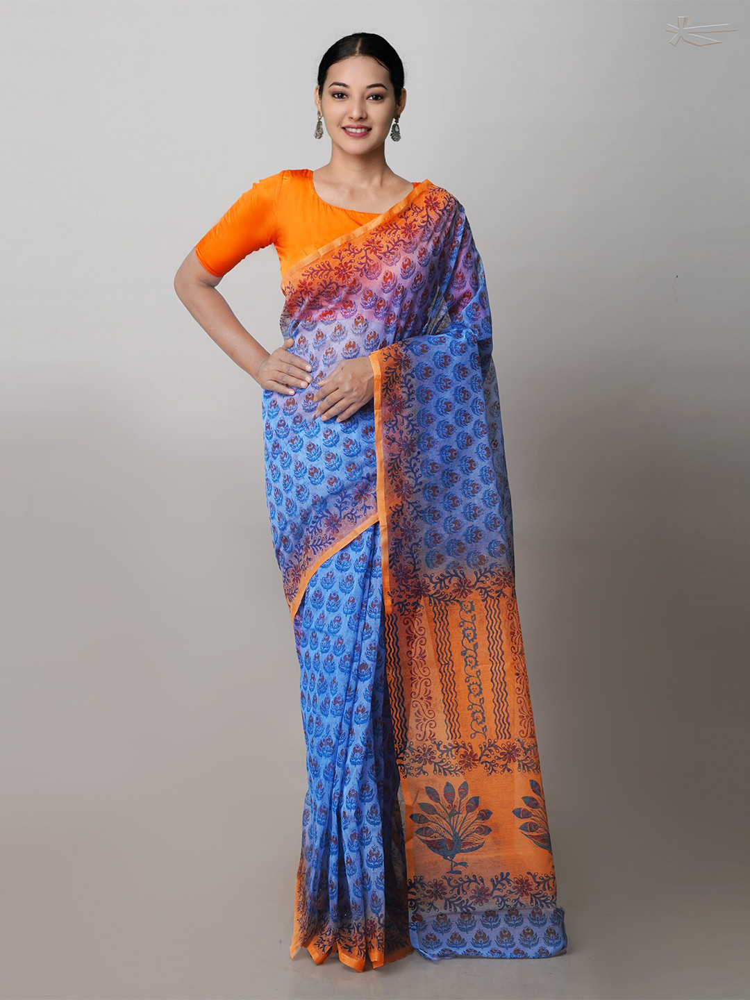 

Unnati Silks Ethnic Motifs Printed Net Block Print Saree, Blue