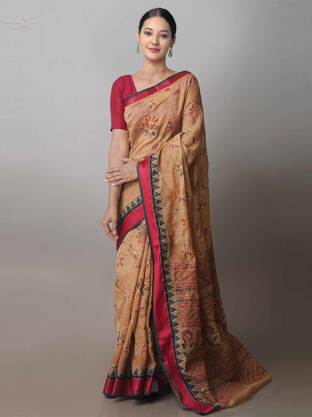 

Unnati Silks Ethnic Motifs Printed Sequined Chanderi Saree, Brown