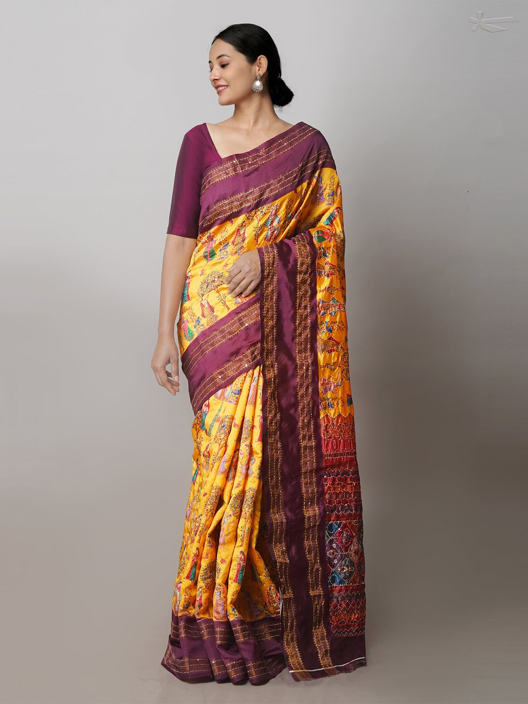 

Unnati Silks Kalamkari Printed Silk Blend Saree, Yellow