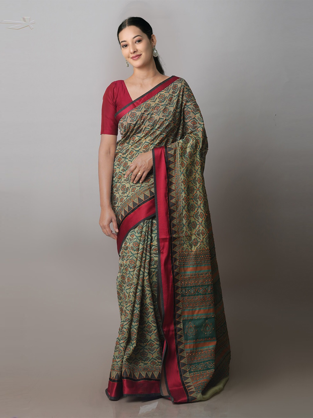 

Unnati Silks Floral Printed Embroidered Silk Cotton Kota Saree, Green