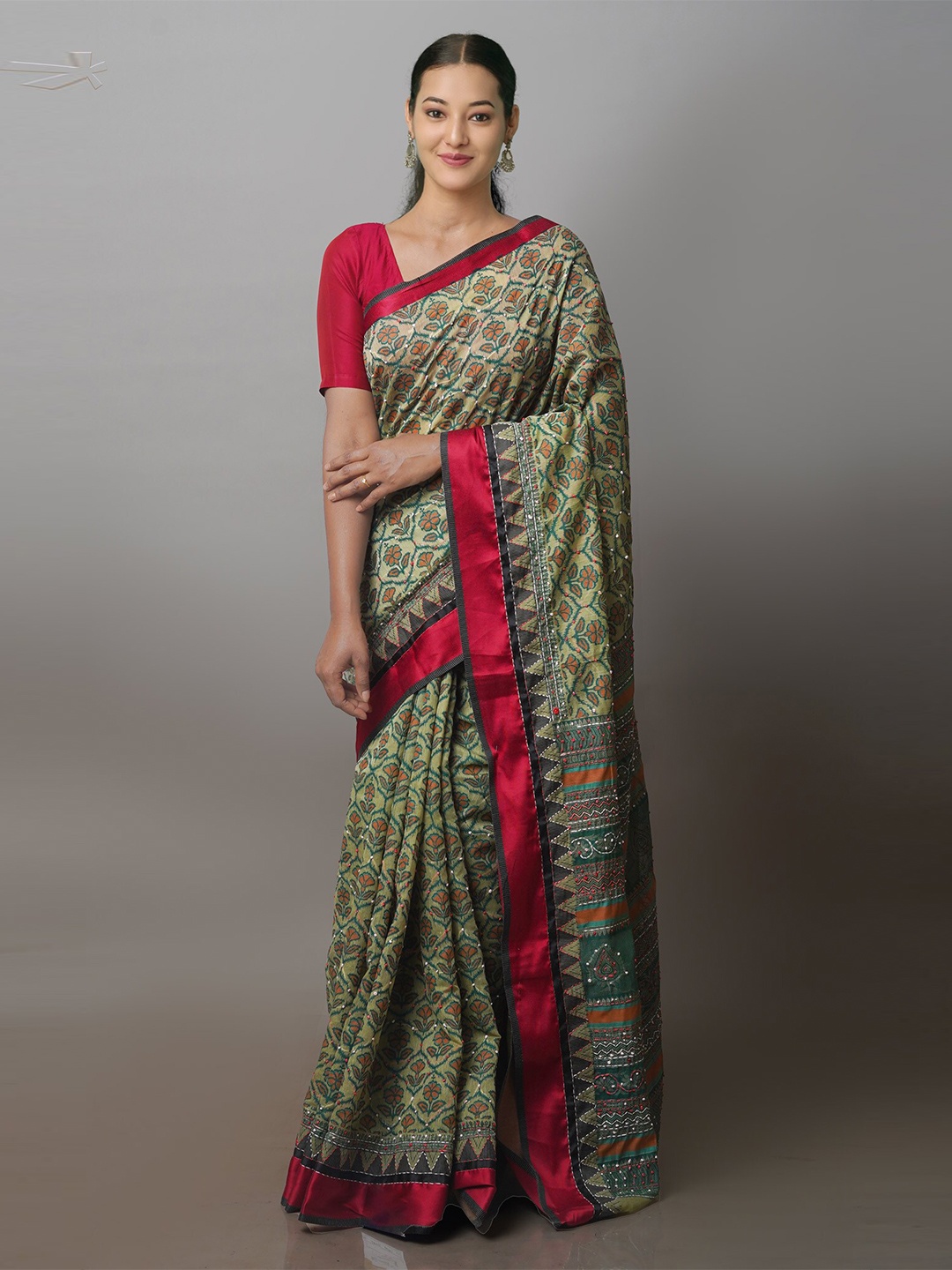 

Unnati Silks Floral Printed Embroidered Silk Cotton Chanderi Saree, Green