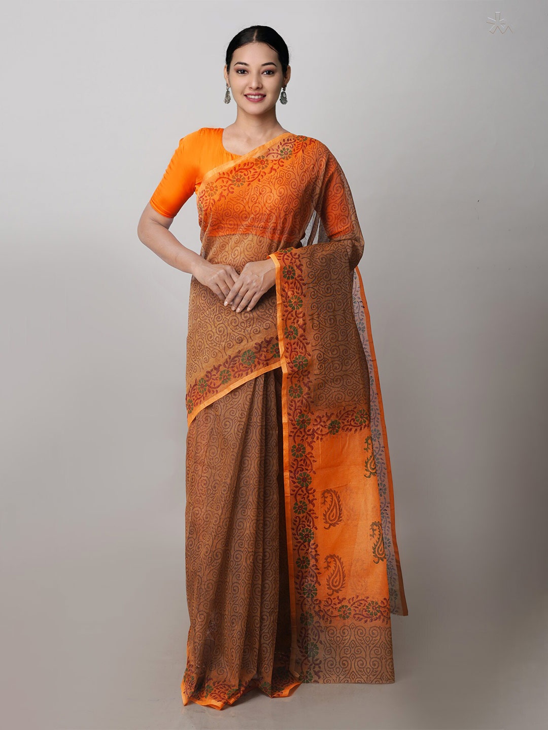 

Unnati Silks Ethnic Motif Supernet Block Print Saree, Brown