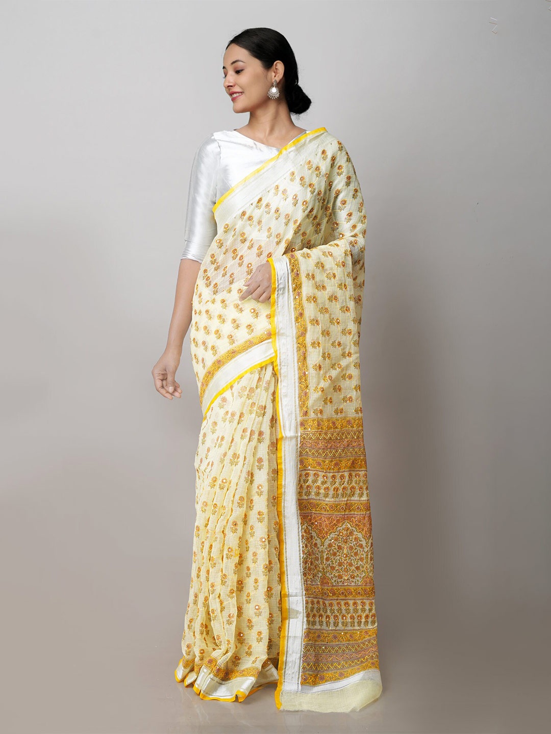 

Unnati Silks Floral Printed Embroidered Silk Cotton Kota Saree, Yellow
