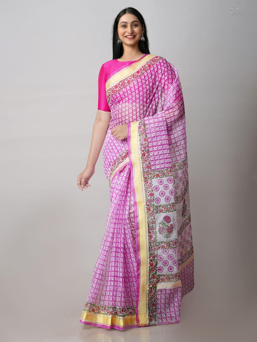 

Unnati Silks Ethnic Motif Printed Zari Pure Cotton Handloom Kota Saree, Pink