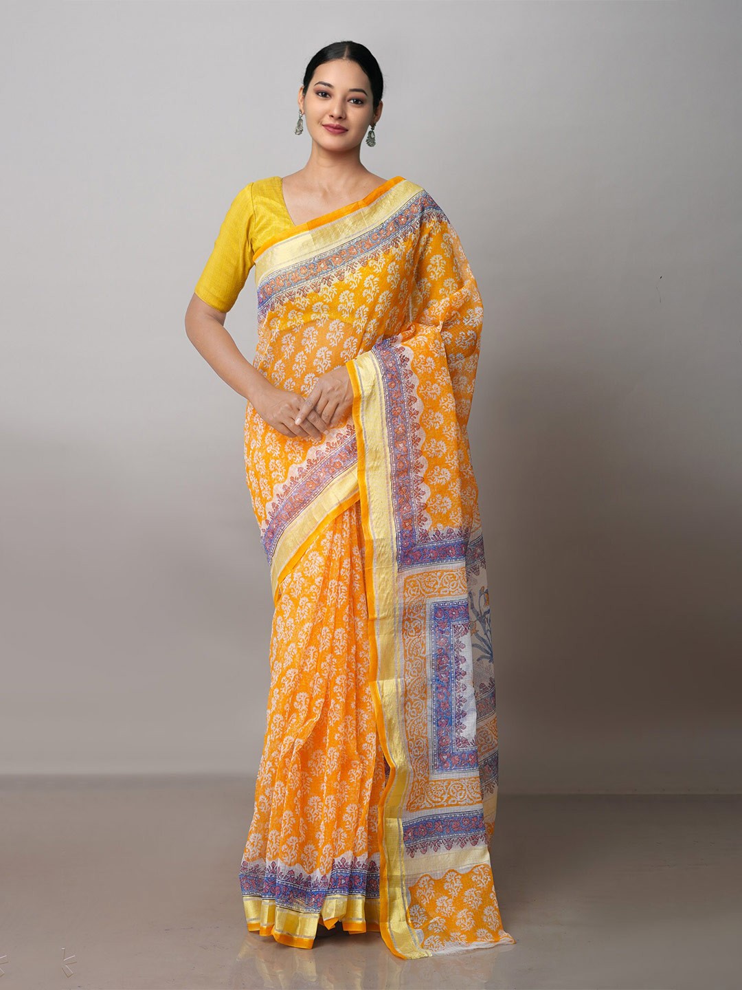 

Unnati Silks Floral Printed Zari Pure Cotton Handloom Kota Saree, Orange