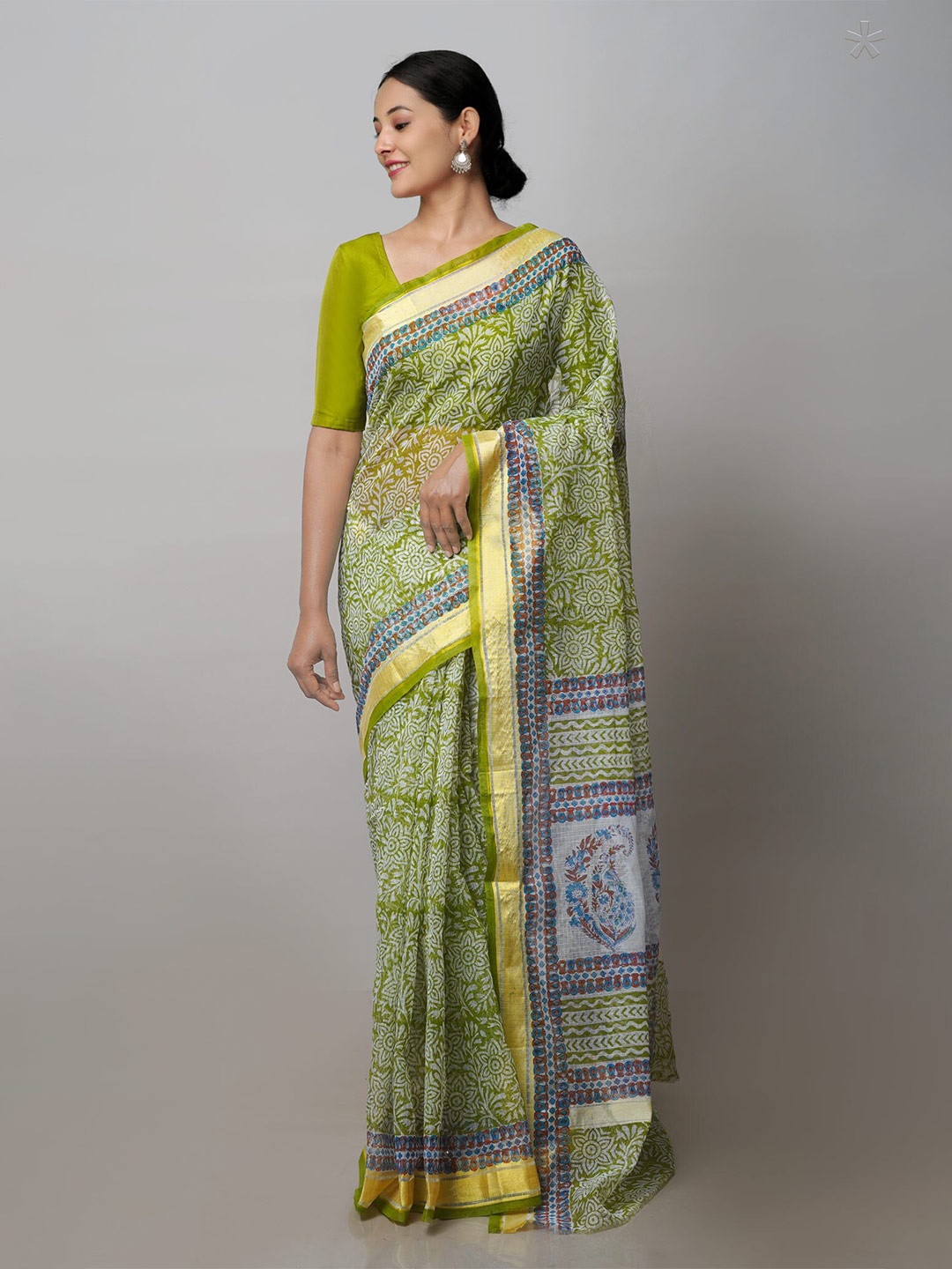 

Unnati Silks Floral Printed Zari Pure Cotton Handloom Kota Saree, Green
