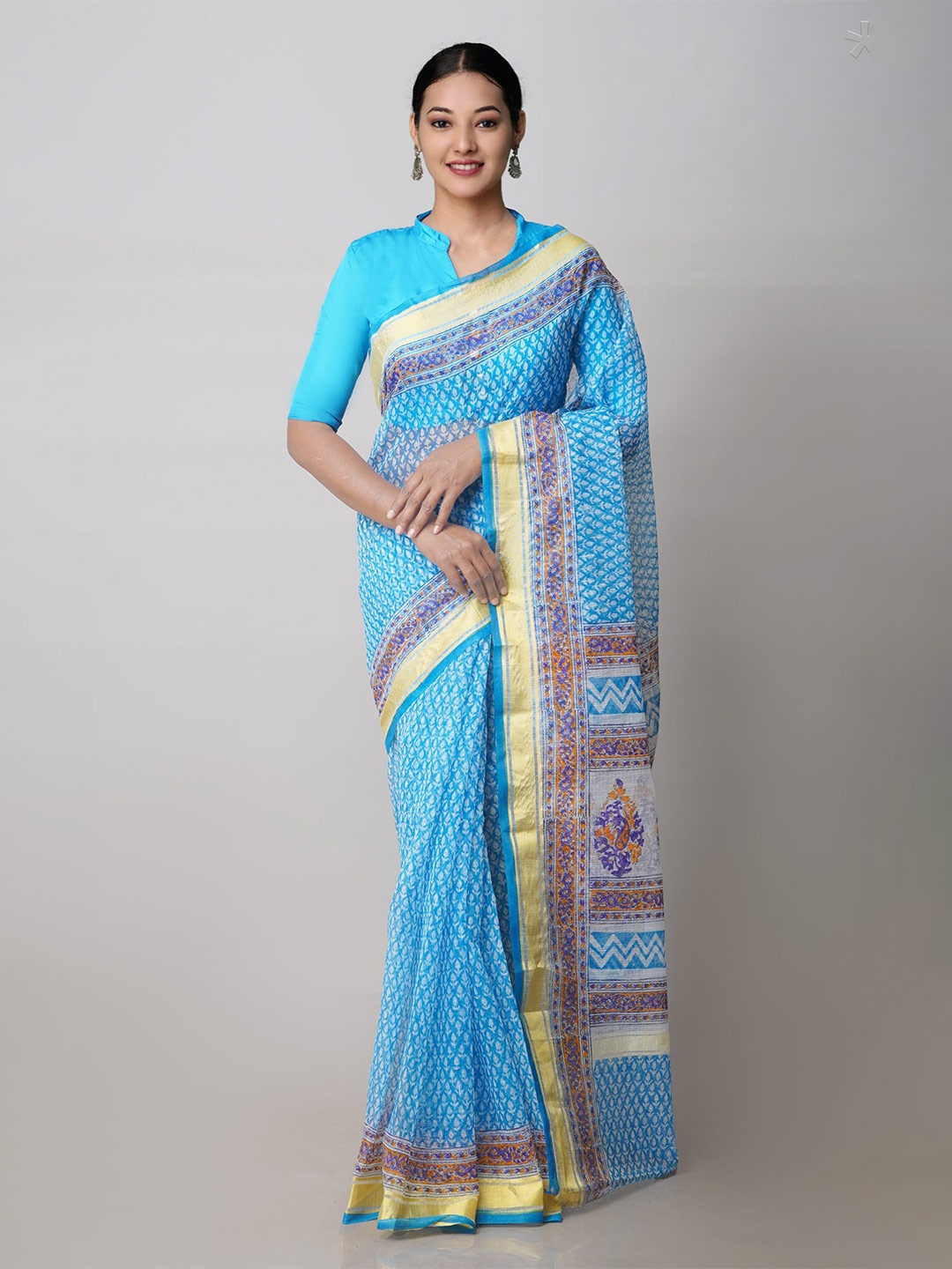 

Unnati Silks Ethnic Motif Printed Zari Pure Cotton Handloom Kota Saree, Blue
