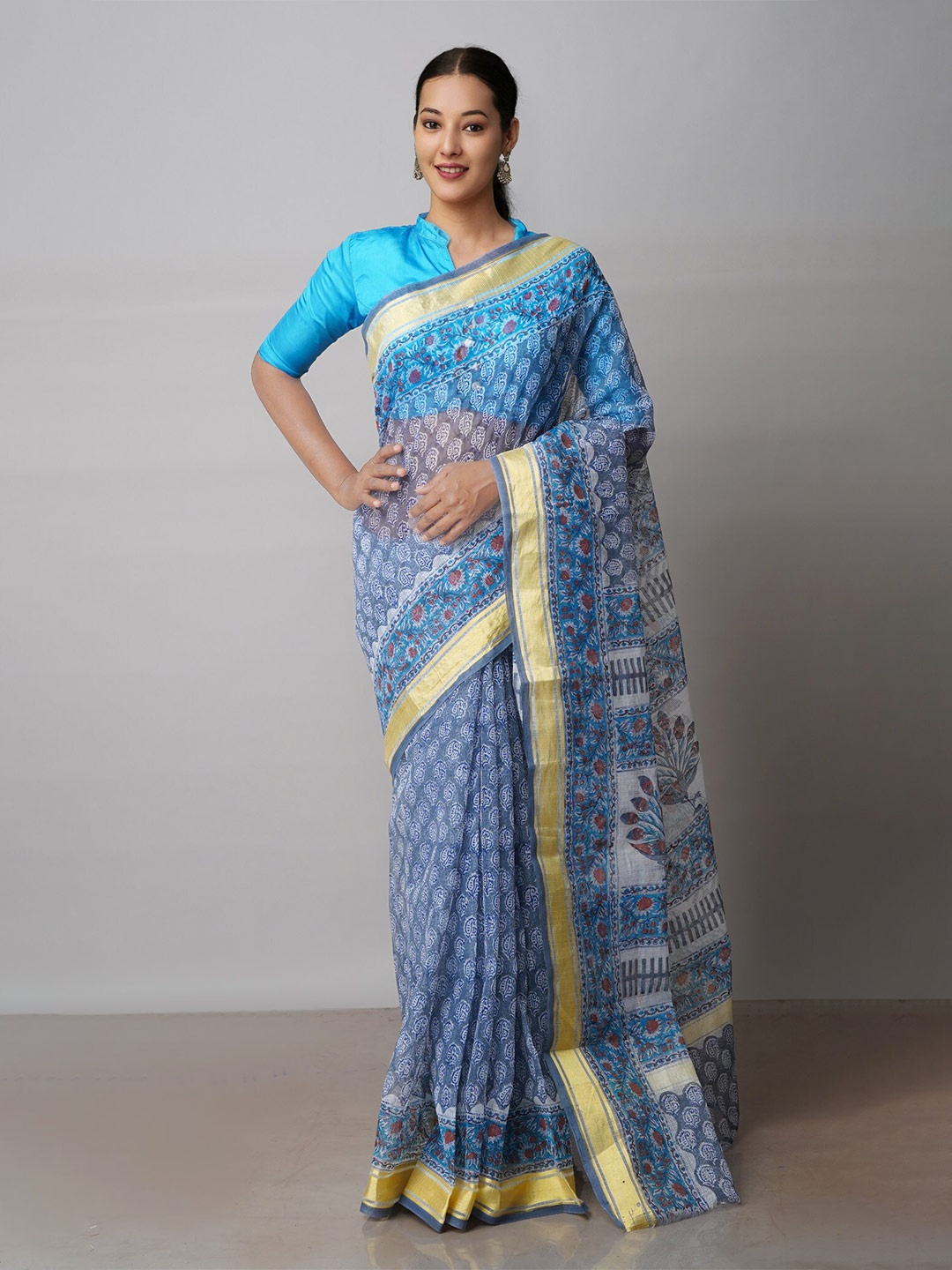 

Unnati Silks Ethnic Motifs Printed Pure Cotton Handloom Kota Saree, Blue