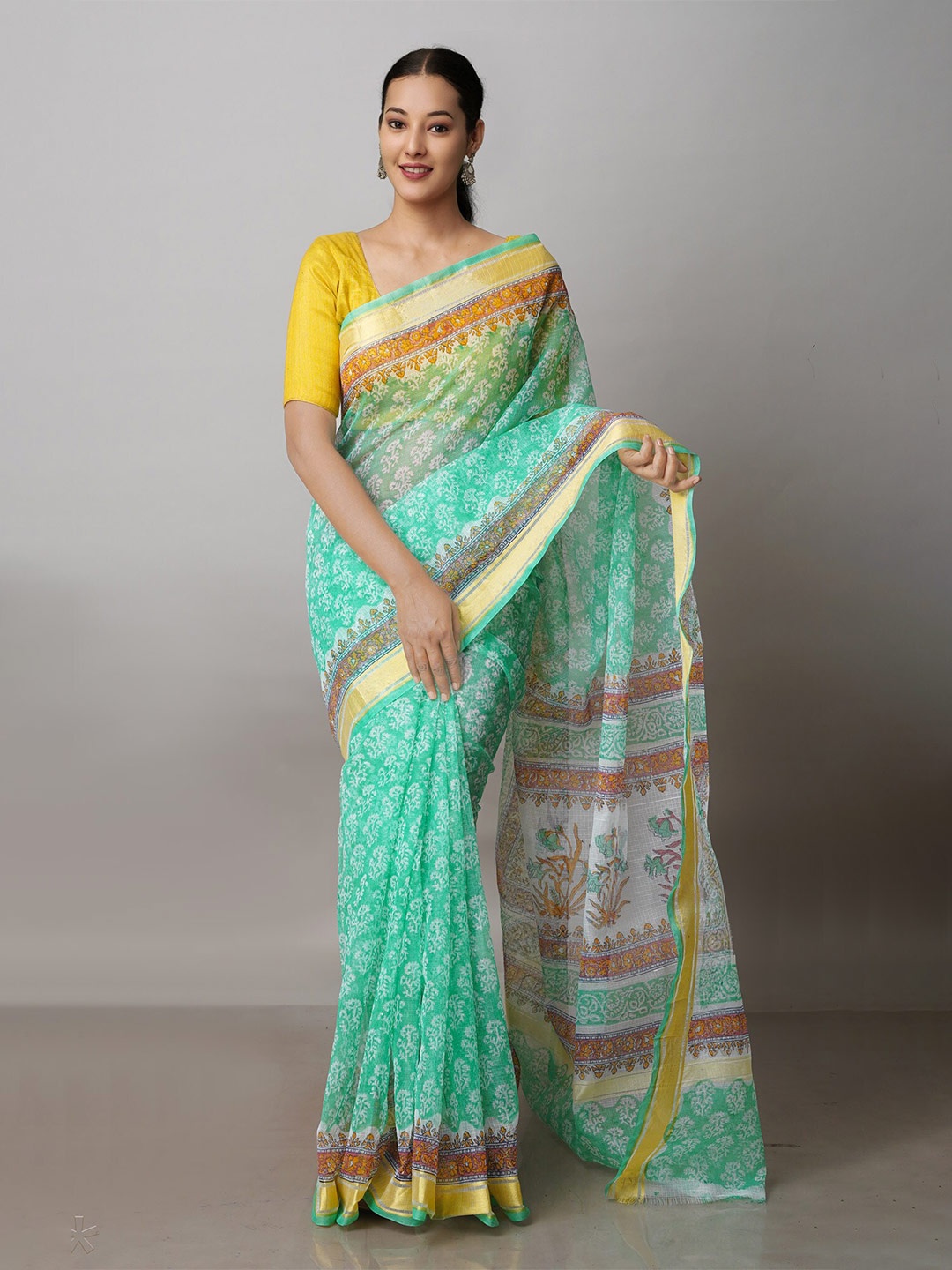 

Unnati Silks Ethnic Motifs Printed Pure Cotton Handloom Kota Saree, Green