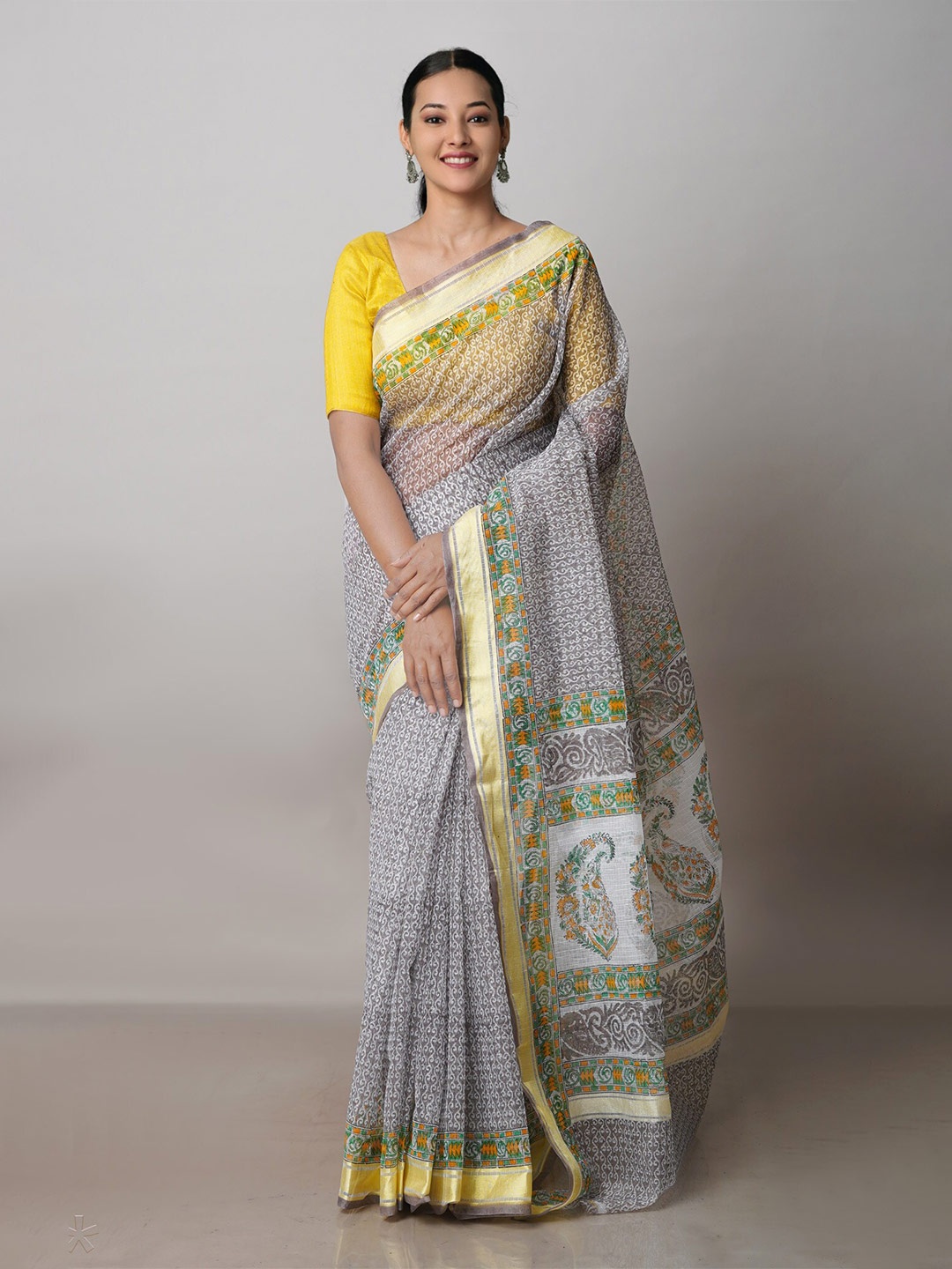 

Unnati Silks Ethnic Motif Printed Zari Pure Cotton Handloom Kota Saree, Grey