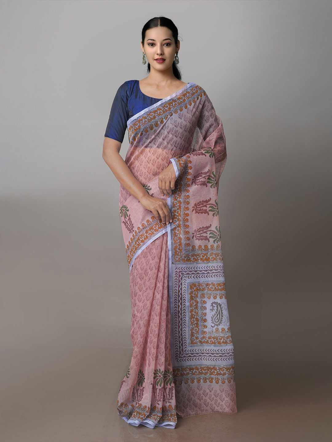 

Unnati Silks Floral Supernet Block Print Saree, Brown
