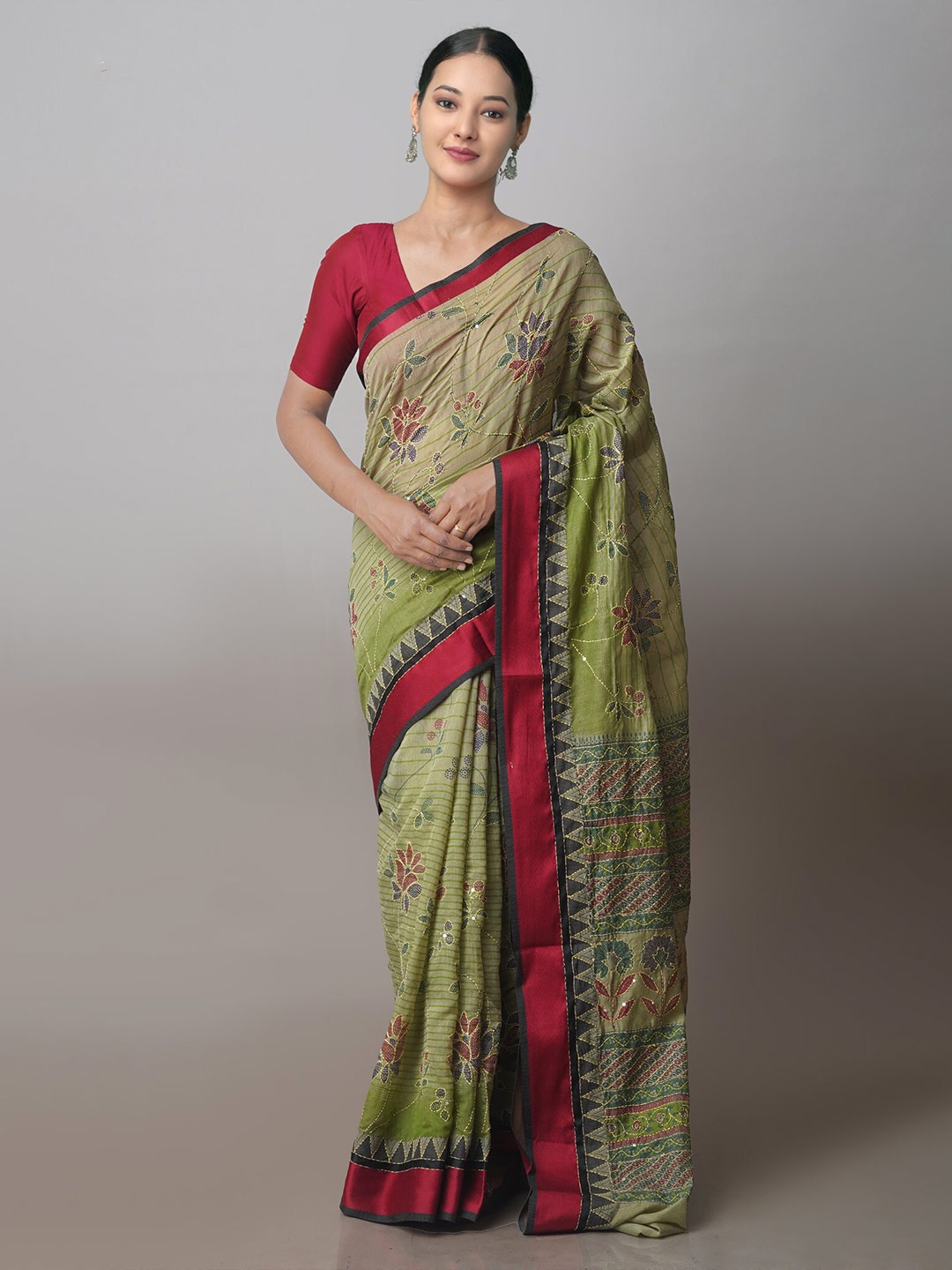 

Unnati Silks Ethnic Motifs Embroidered Kantha Work Saree, Green