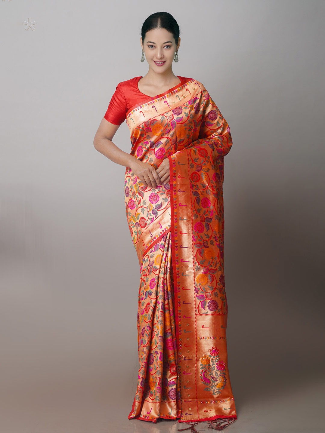

Unnati Silks Woven Design Zari Silk Blend Banarasi Saree, Red