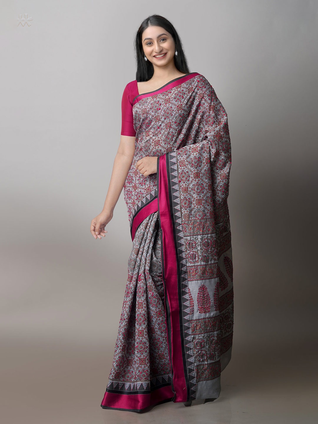 

Unnati Silks Floral Printed Embroidered Silk Cotton Chanderi Saree, Grey
